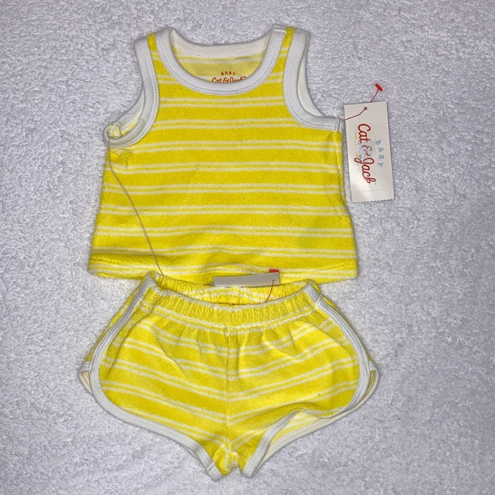 NWT cat& jack bright yellow white striped terry retro short tank set newborn